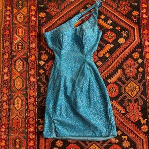 Rachel Allan One Shoulder Blue Sparkle Dress